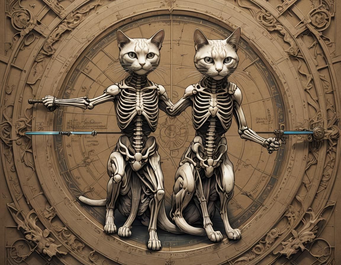 Vitruvian Cat with Katana, DaVinci Style