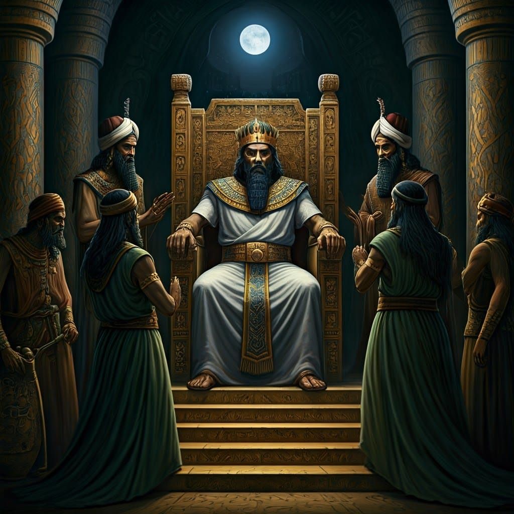 Babylonian King Nebuchadnezzar in Moonlit Palace