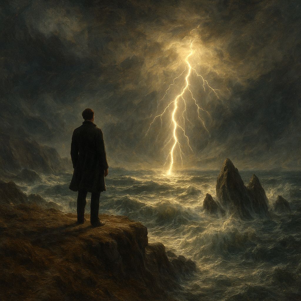 Man on Cliff Overlooking Stormy Sea with Lightning