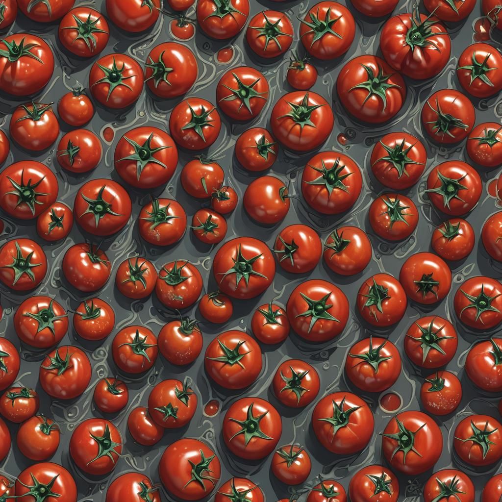 Hyper-Realistic Still Life of Vibrant Red Tomatoes in a Fant...