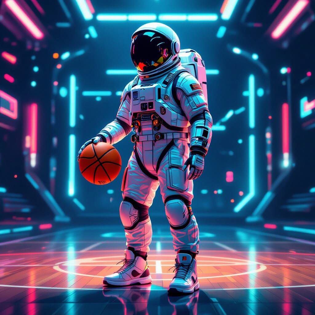 Astronaut on Futuristic Basketball Court in Digital Art Styl...