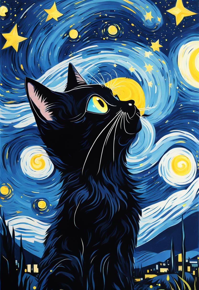 Cartoon Black Cat in Starry Night Style
