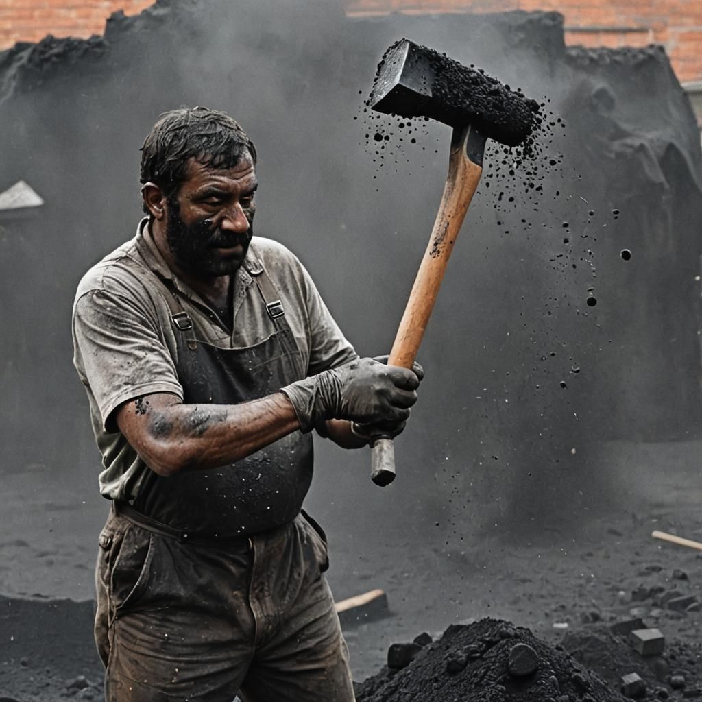 Dust-Covered Man with Hammer