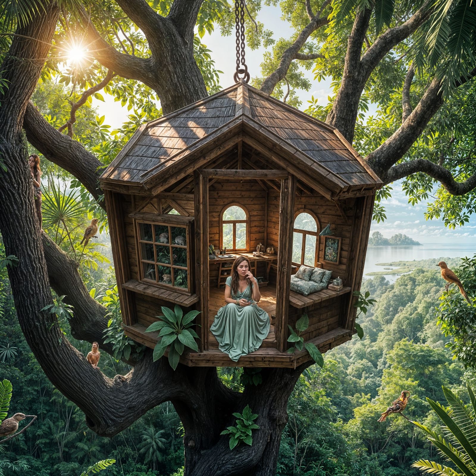 Woman in Lush Jungle Treehouse Retreat