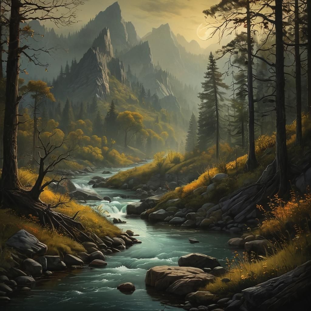 Idyllic River Valley Landscape in Romantic Style