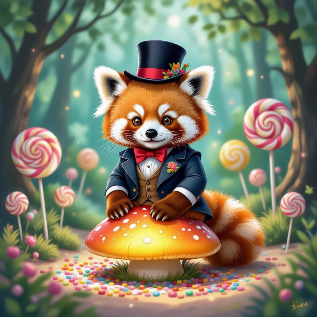 Red Panda Cub in Candy Wonderland, Storybook Illustration