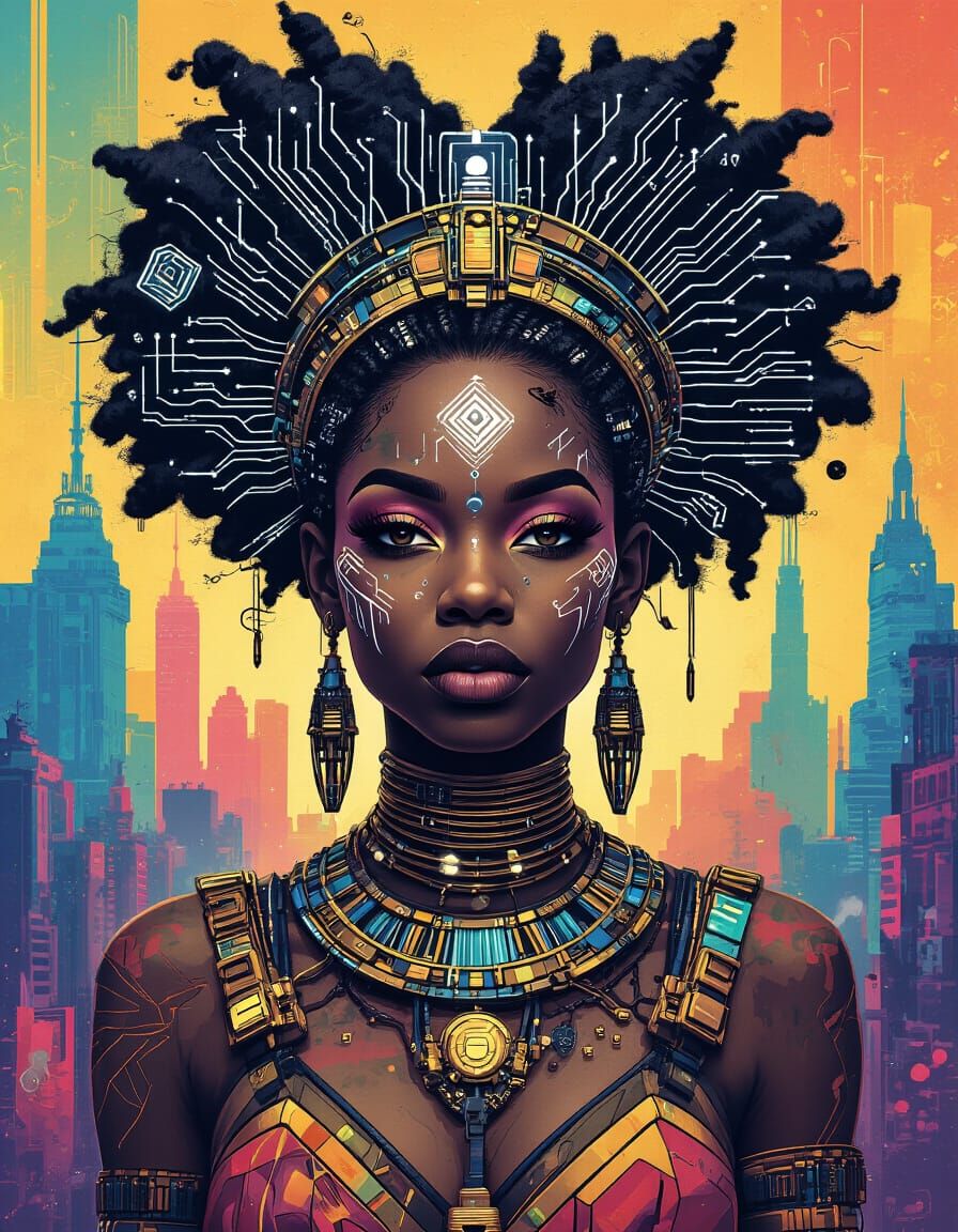 Afrofuturistic Queen in Polychromatic Cityscape