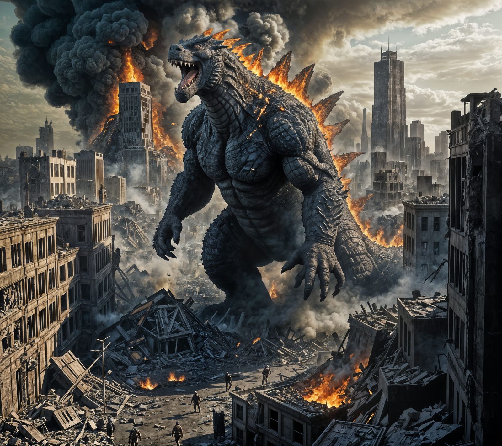 Godzilla Destroys Ruined City in Fiery Matte Painting