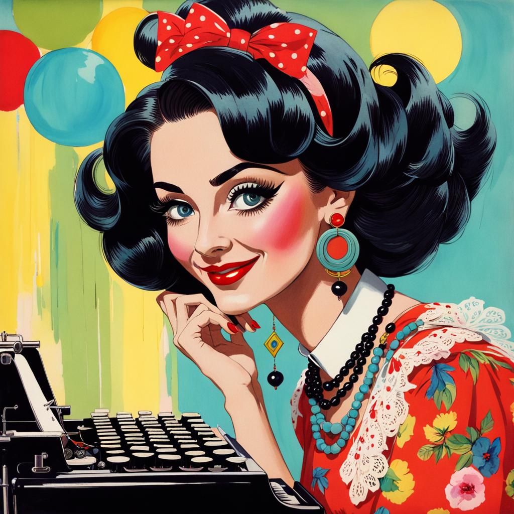 Kitschy Retro Woman Typing with Watercolor Background