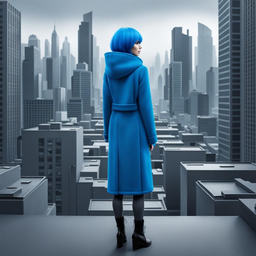 Lonely Girl Stands Out in Grey Cityscape