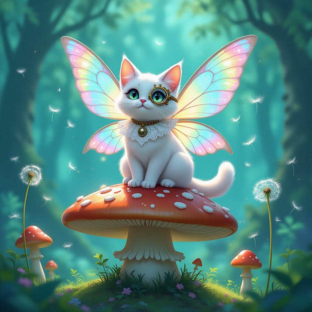 Fairy Cat on Clockwork Mushroom in Ghibli Style
