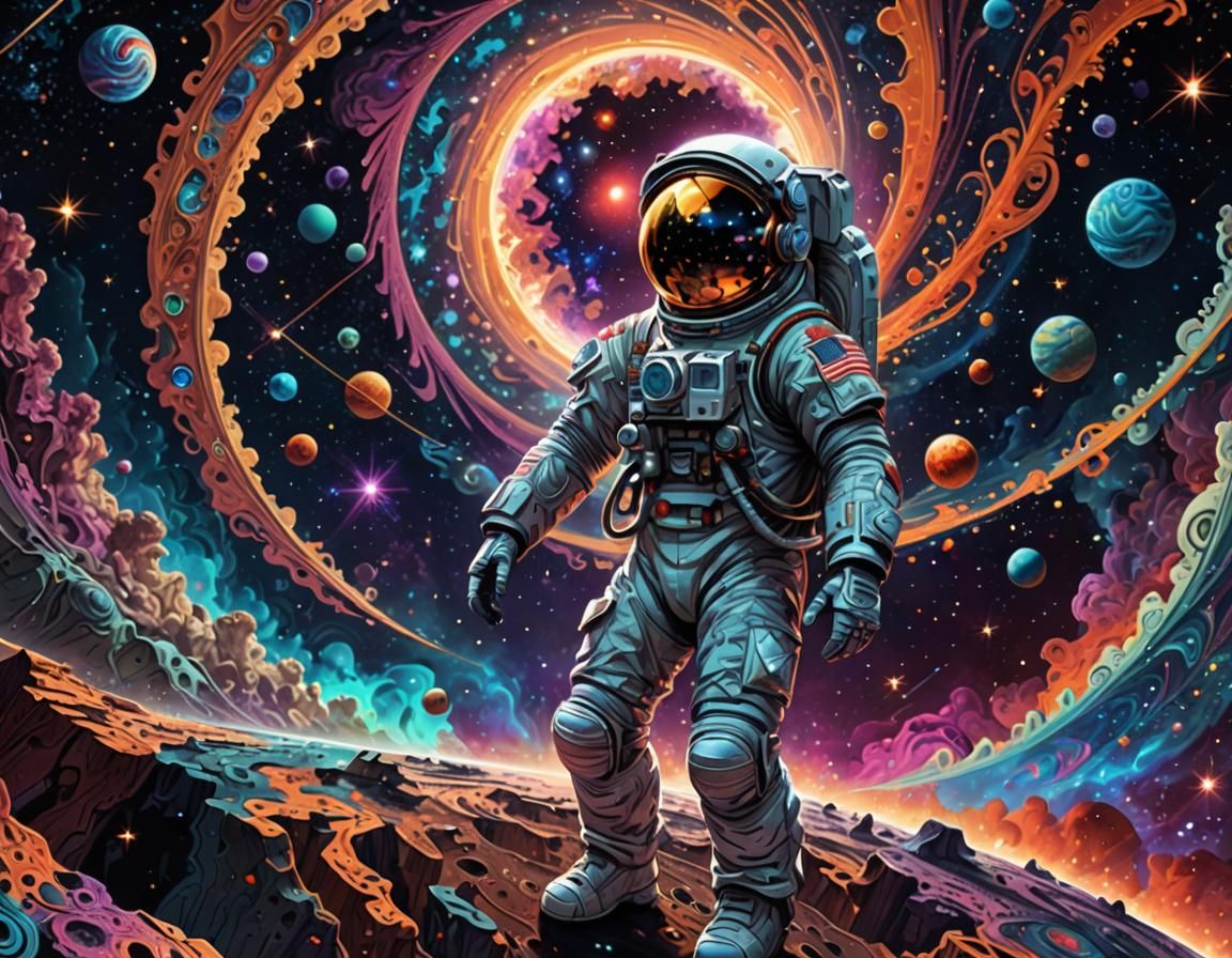 Astronaut Gazing at Cosmic Vortex in Fractal Style