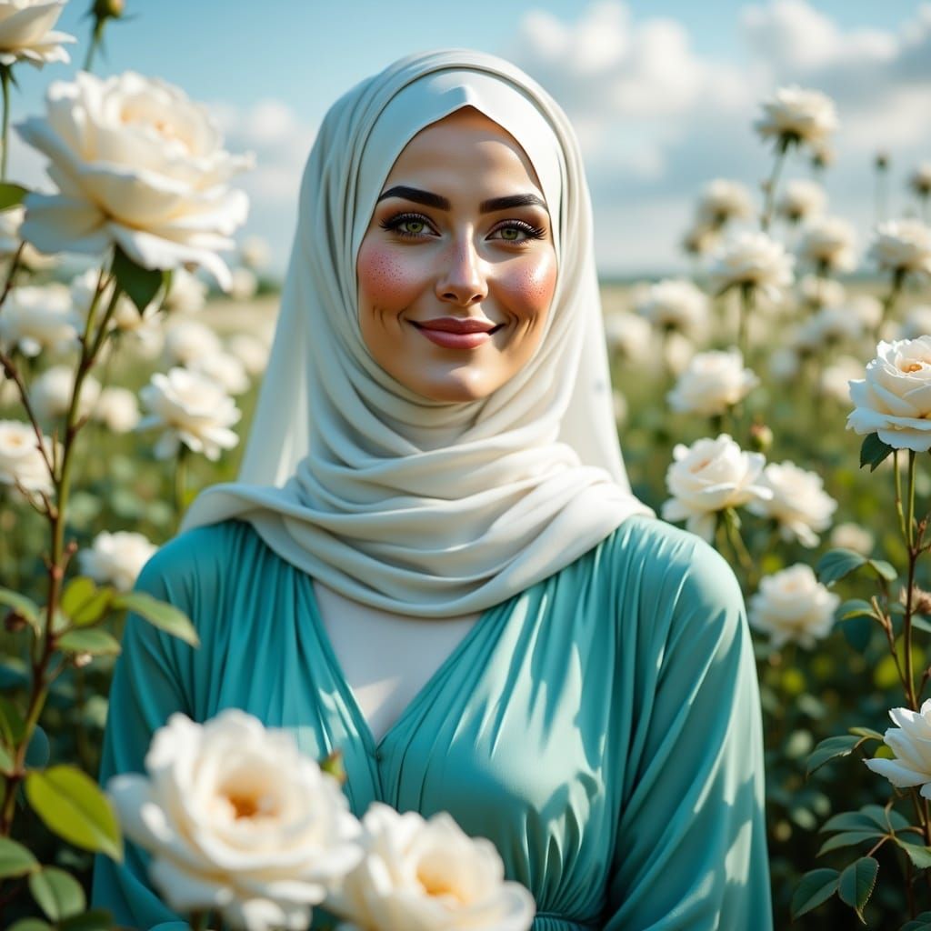 Cute Hijabi Woman in Rose Field, Studio Portrait Style