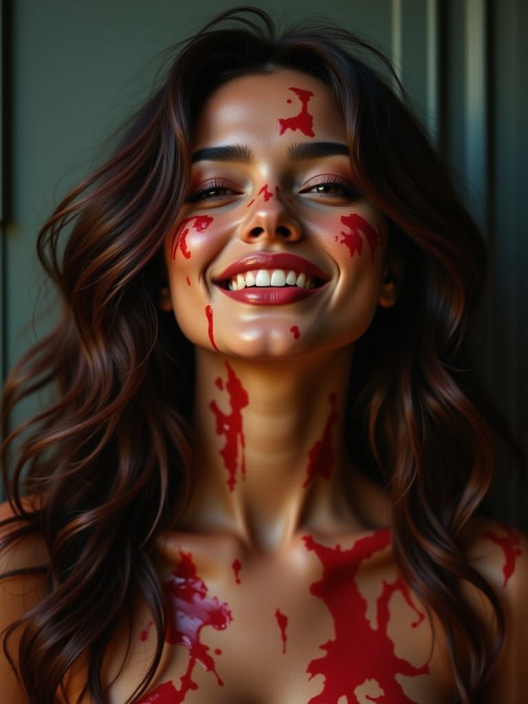 Laughing Woman with Crimson Paint Splatters in Hyper-Realist...