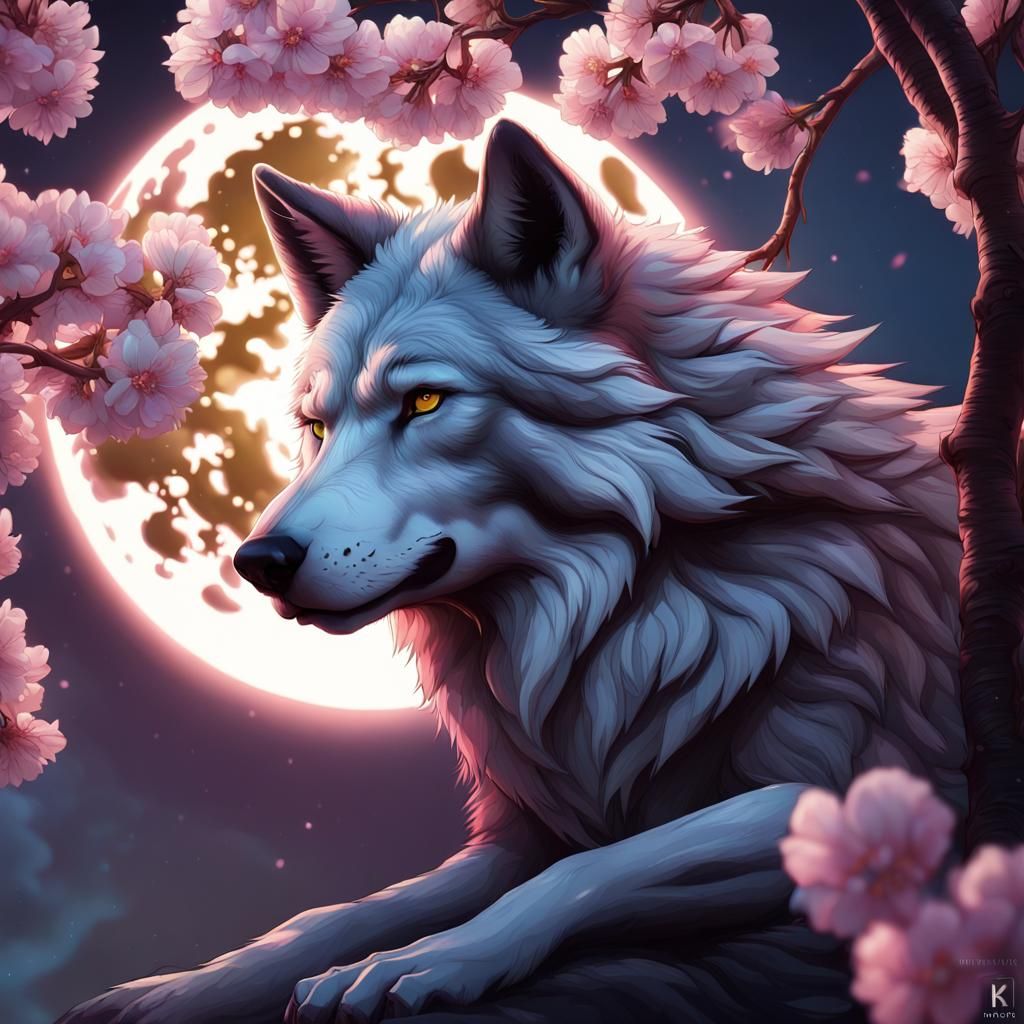 Wolf Under Cherry Tree at Night: Detailed Art