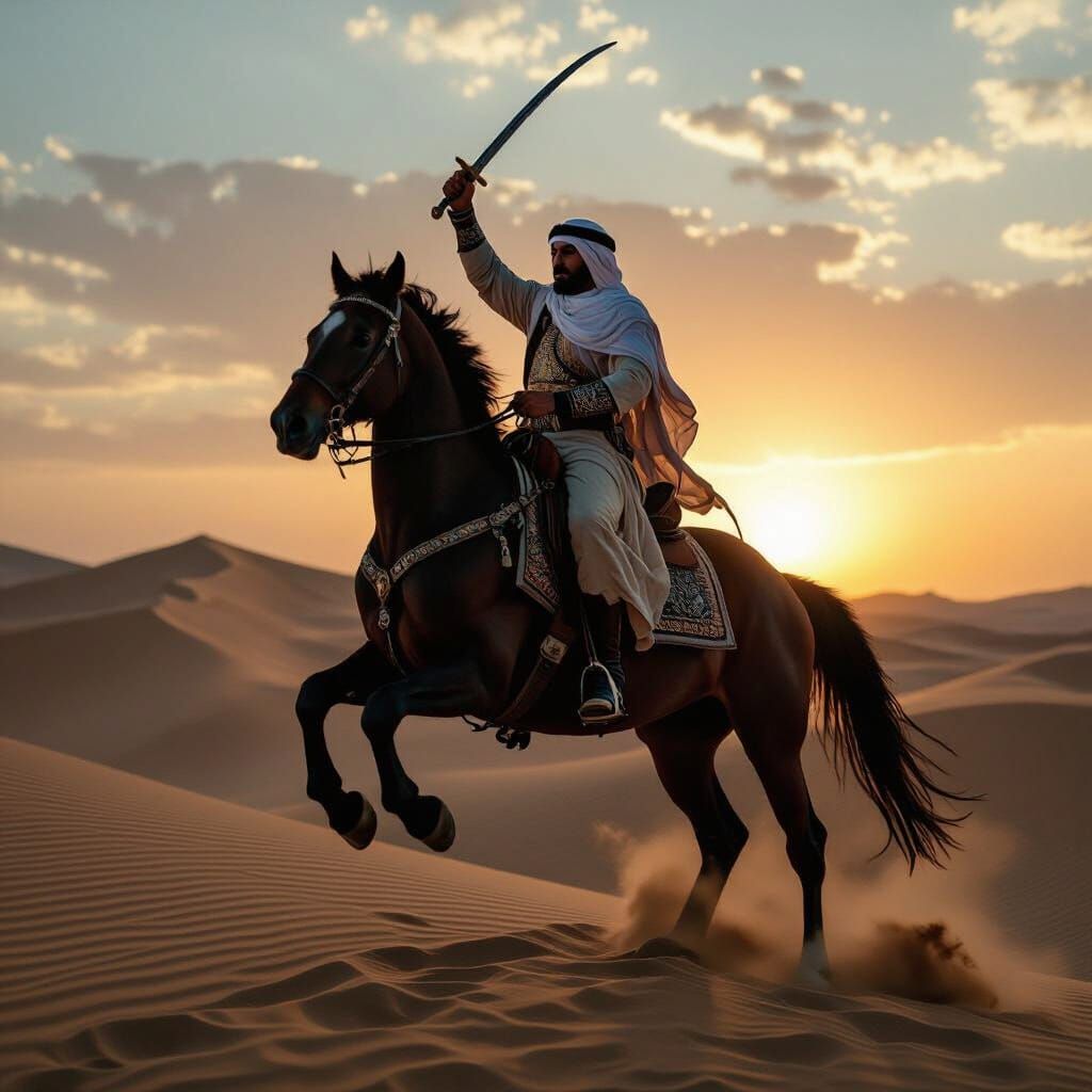 Epic Arab Warrior on Horseback at Sunset