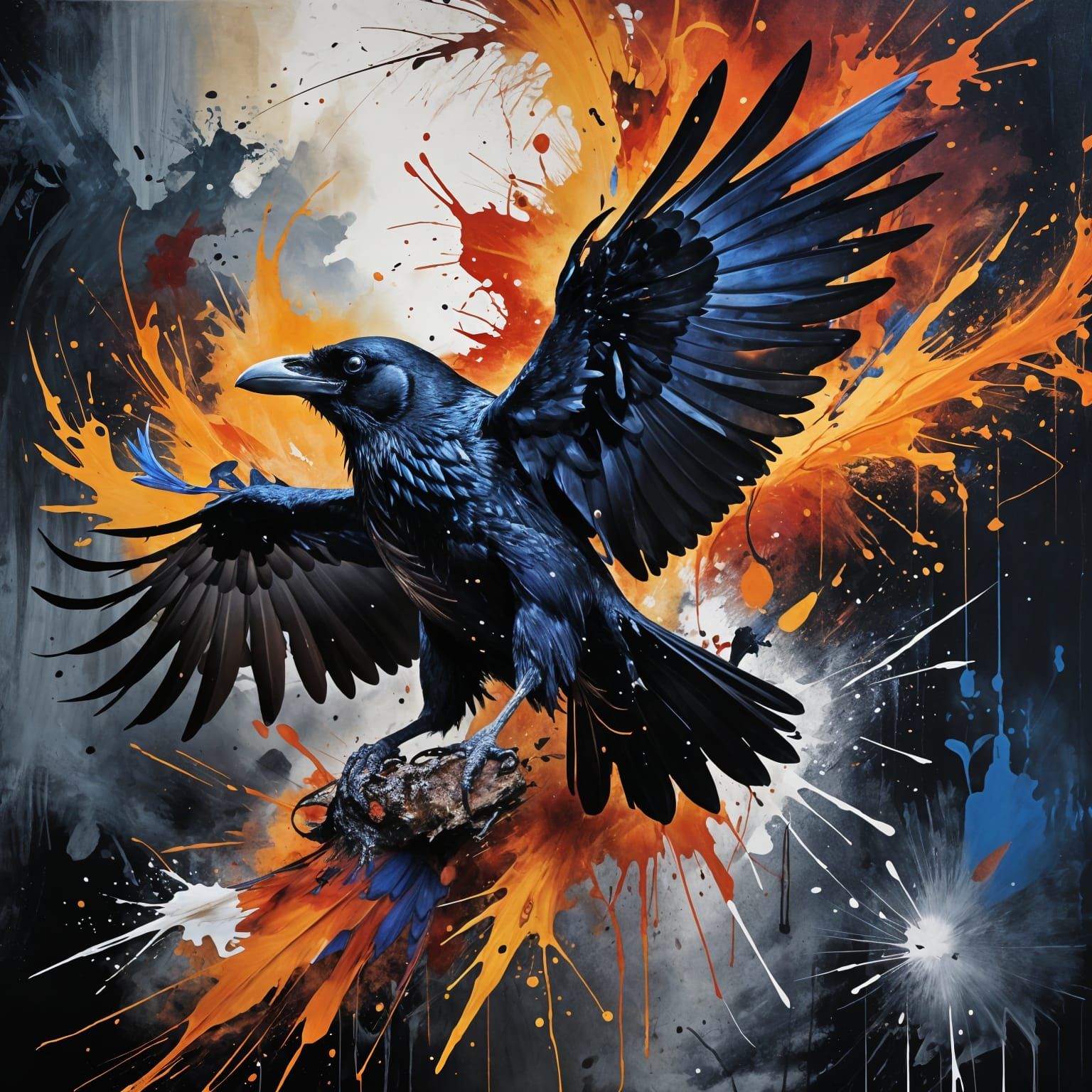 Expressive Painterly Portrait of a Fiery Raven in Motion