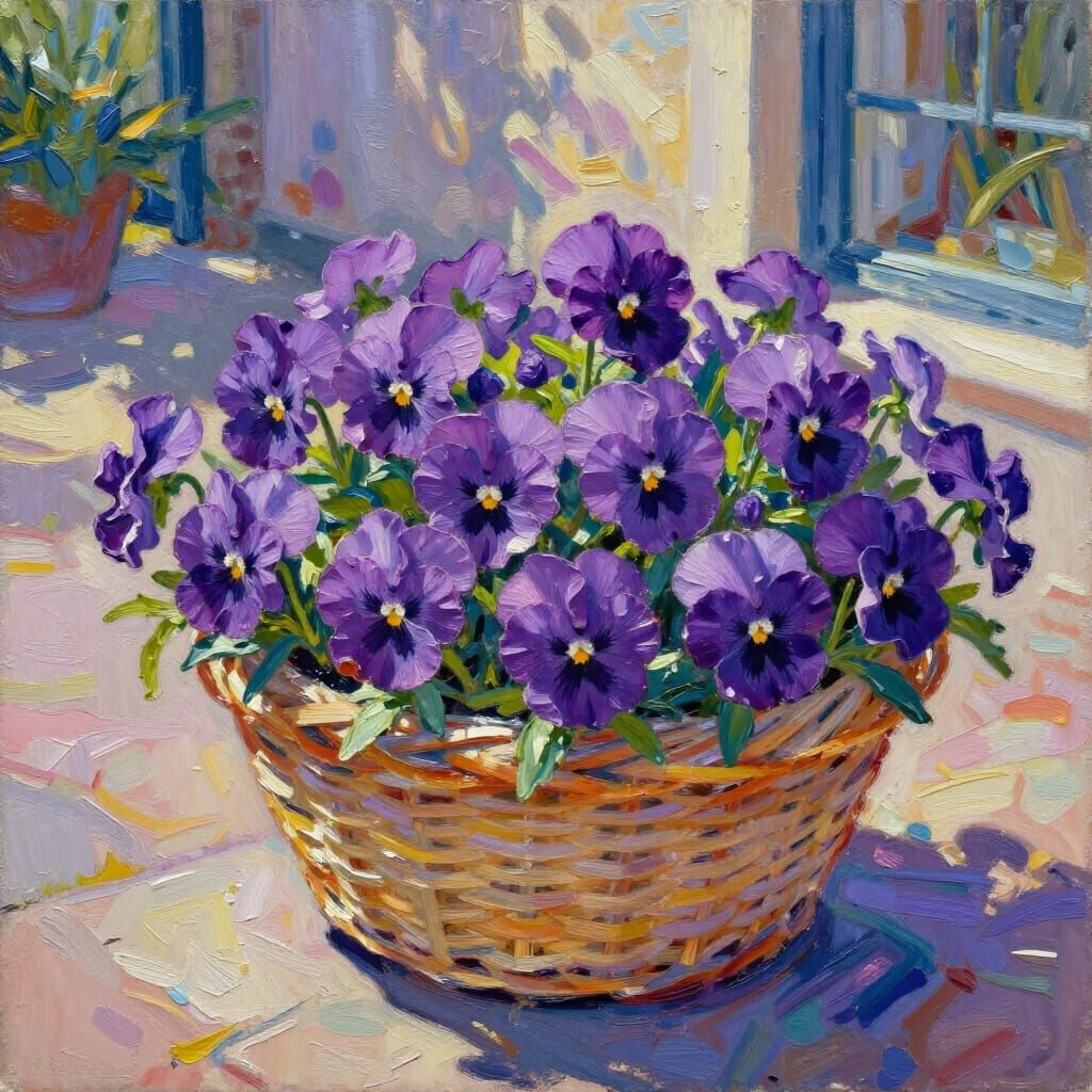 Vibrant Purple Pansies in Morning Sun - Impressionist Gouach...