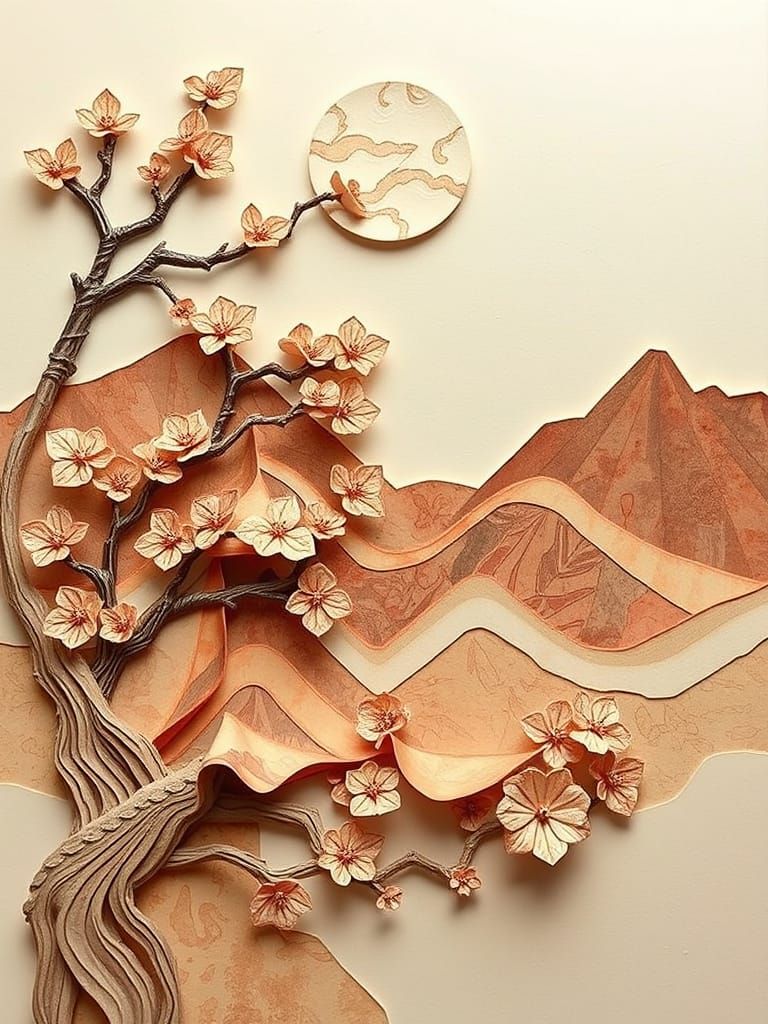 Intricate Kirigami Landscape in Tea-Stained Style