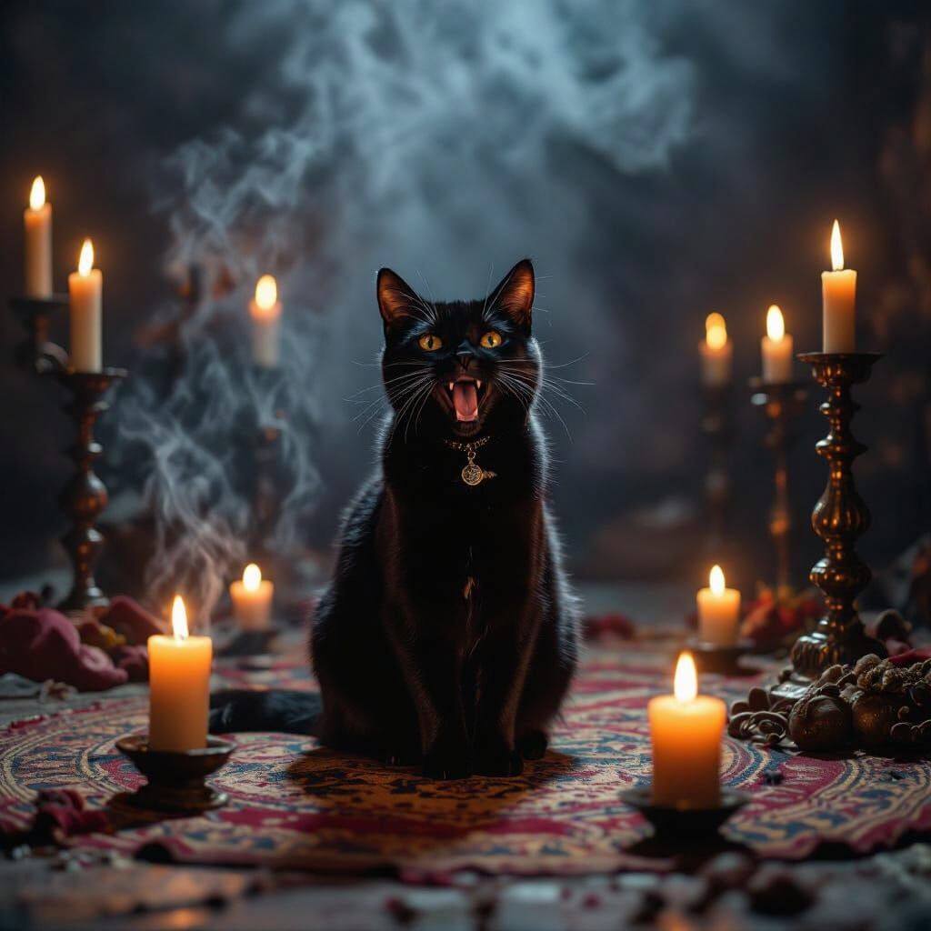 Aerial View of Black Cat in Dark Satanic Ritual