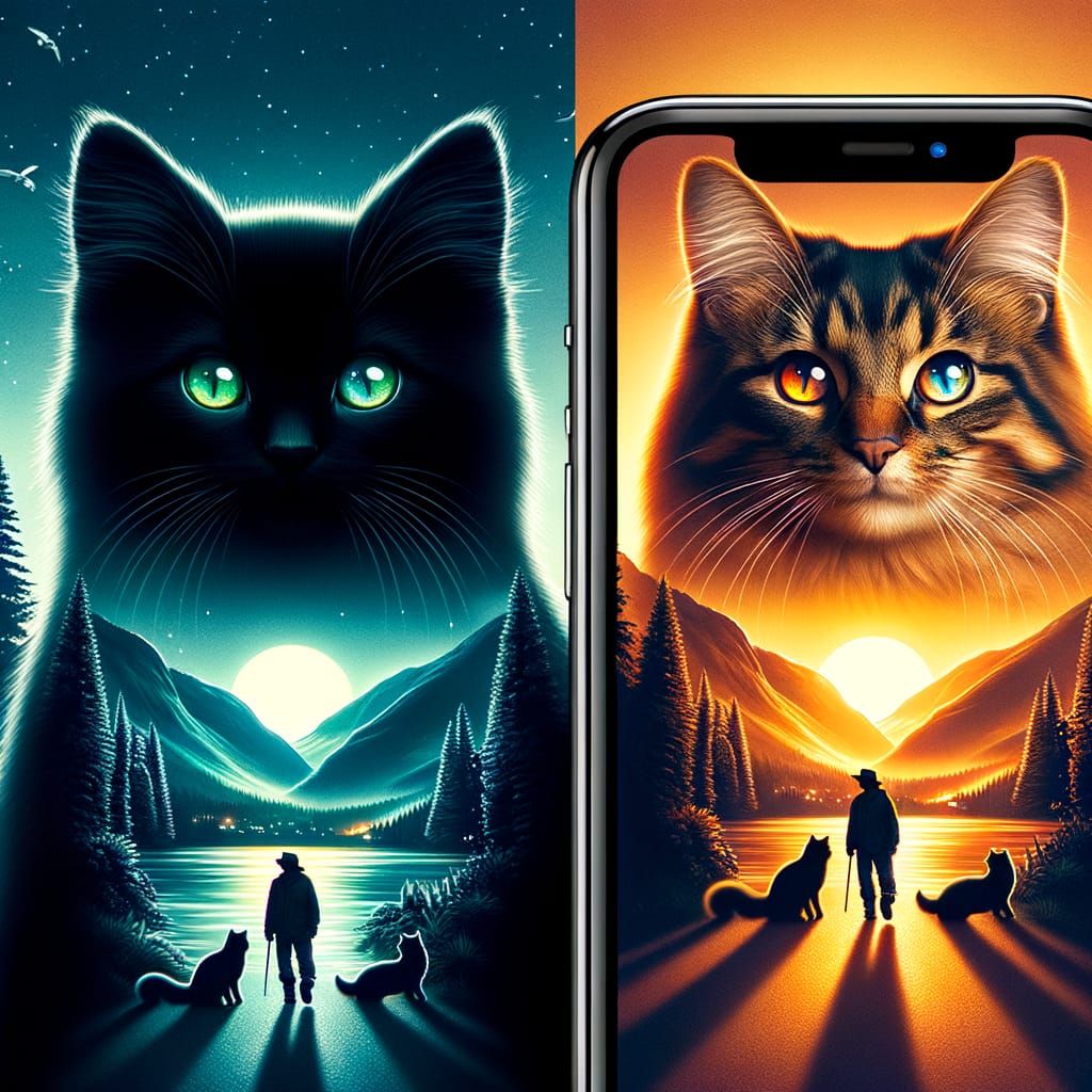 Kitten Silhouette with Cats in Cinematic Double Exposure