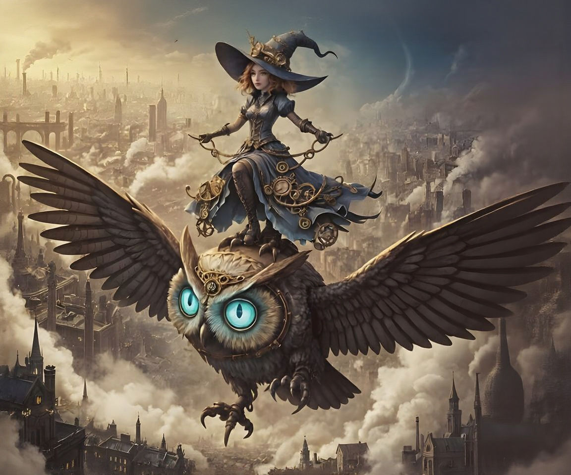 Steampunk Witch on Clockwork Owl Over Smog City
