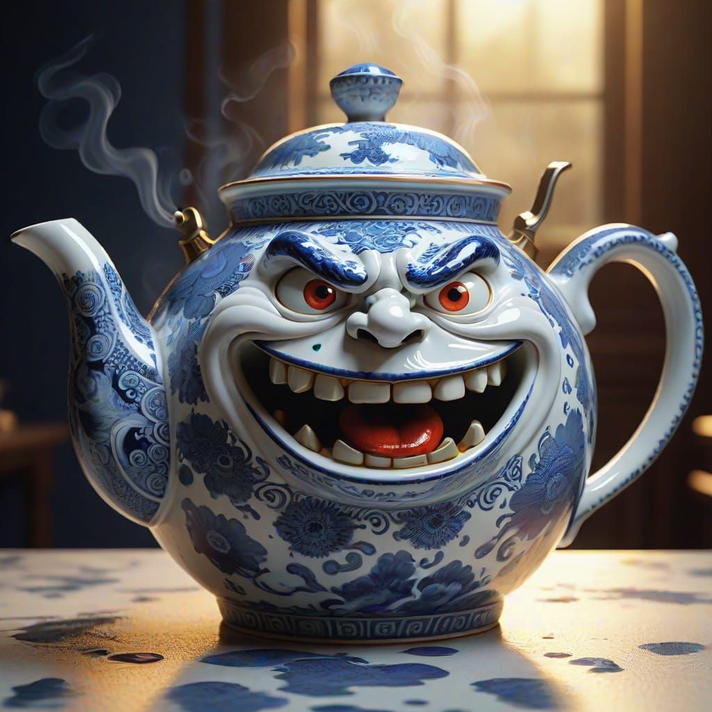Angry Teapot with Steam in Pointillism Style