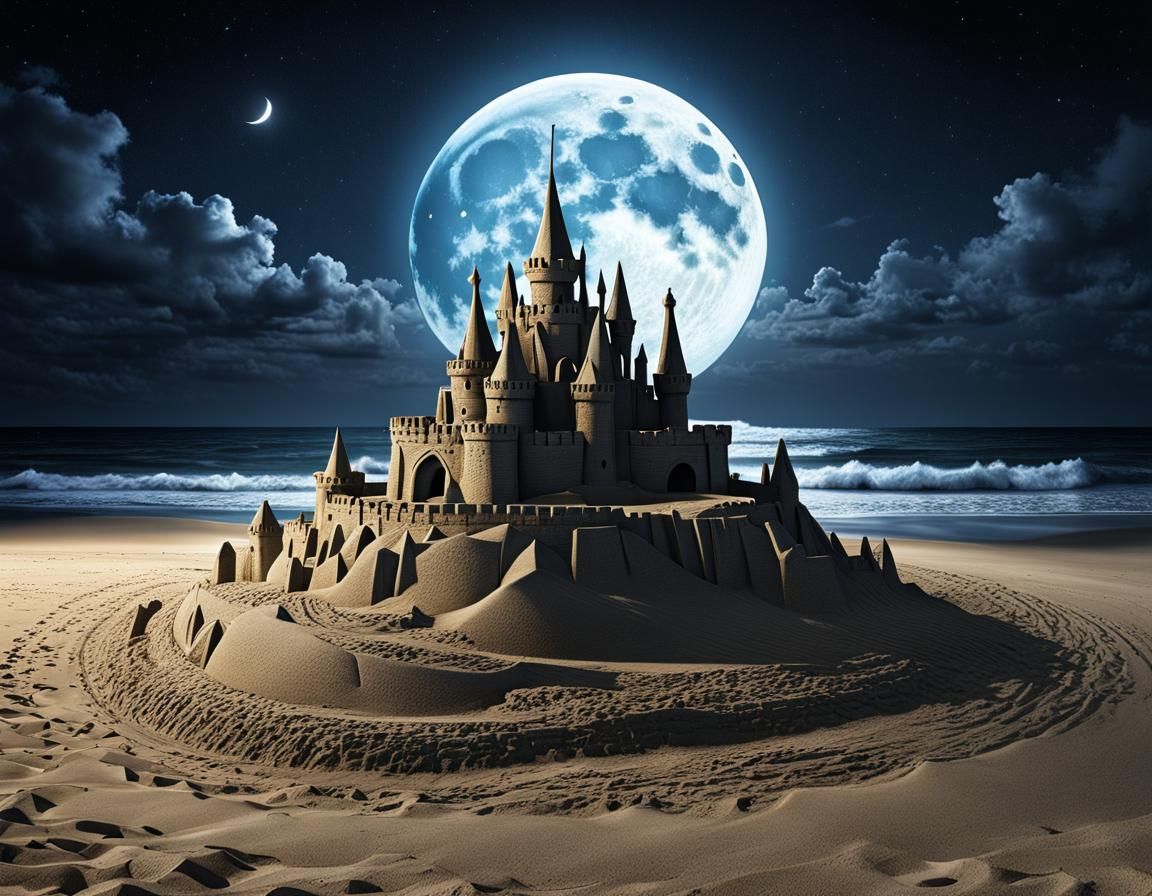 Detailed Gothic Sandcastle on Beach at Night