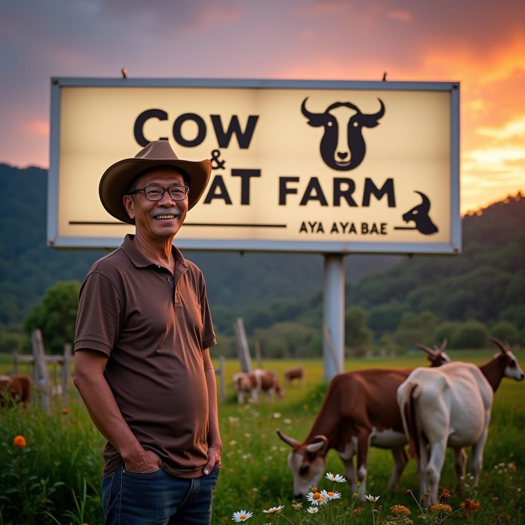Indonesian Gentleman in Cowboy Hat, Surrounded by Cows and G...