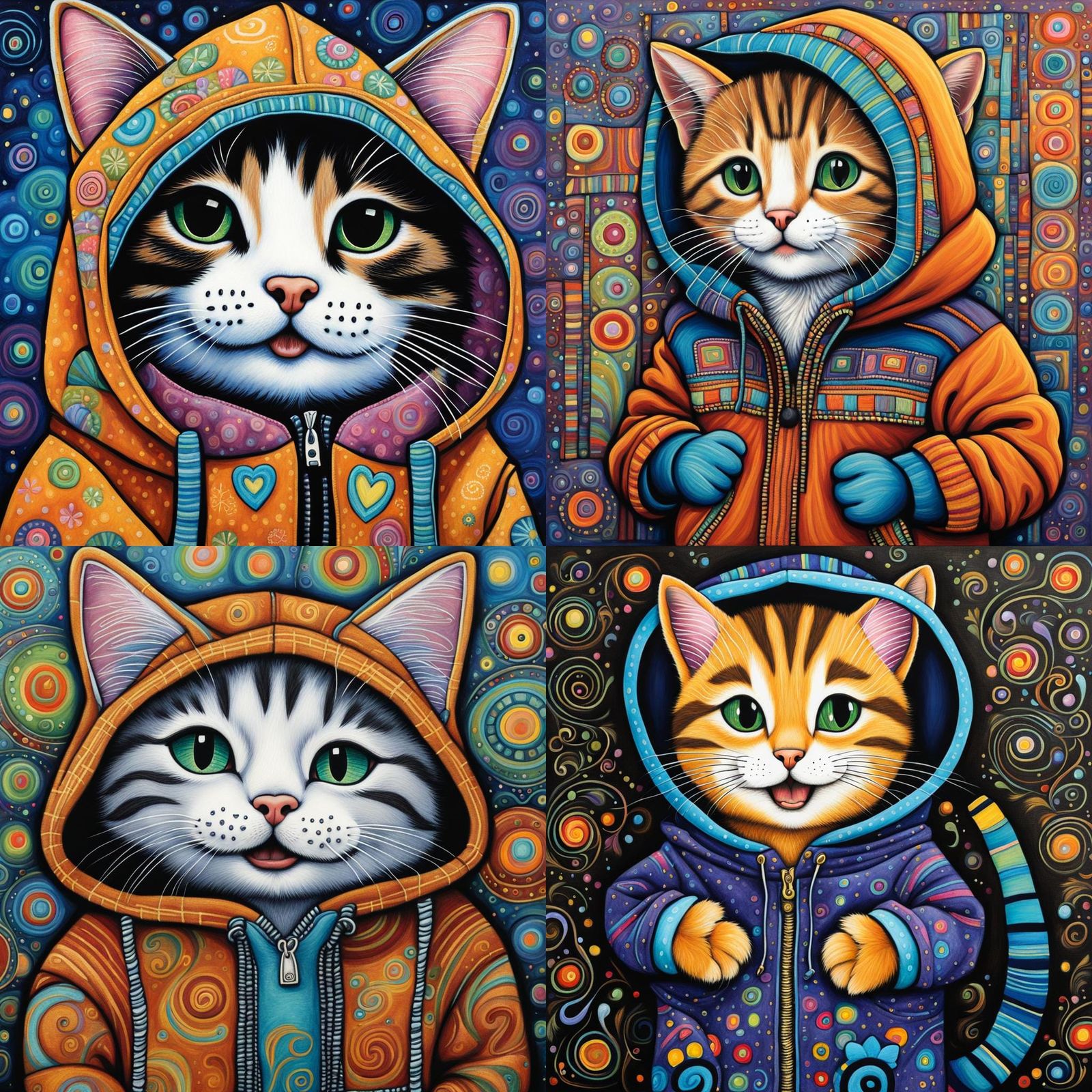 Folk Art Kitten in Hoodie Laughing