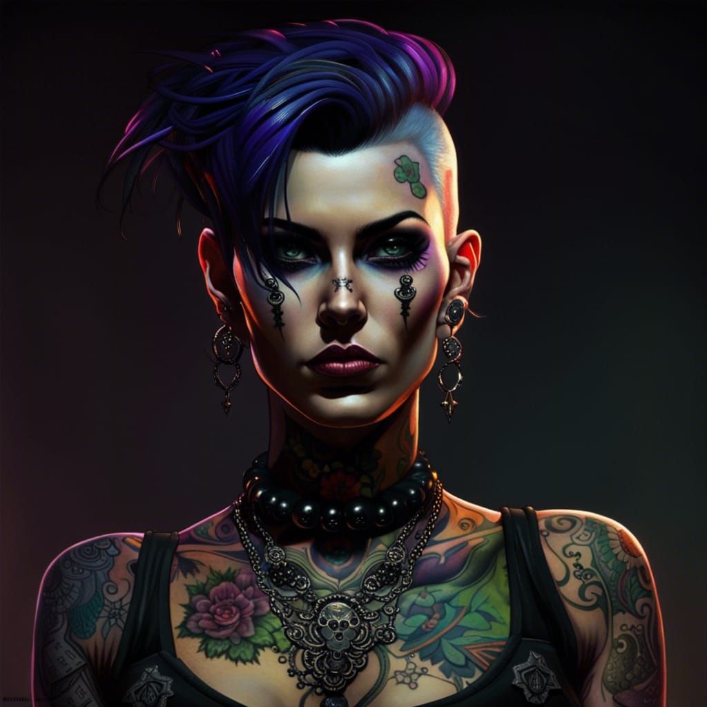 Goth Punk Woman with Tattoos in Fantasy Art Style