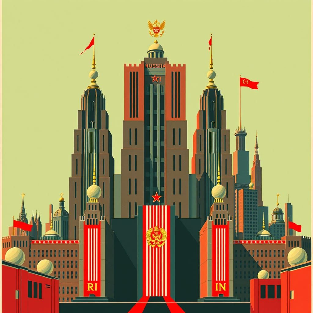 Minimalist Propaganda Poster of Retrofuturistic Russian City...