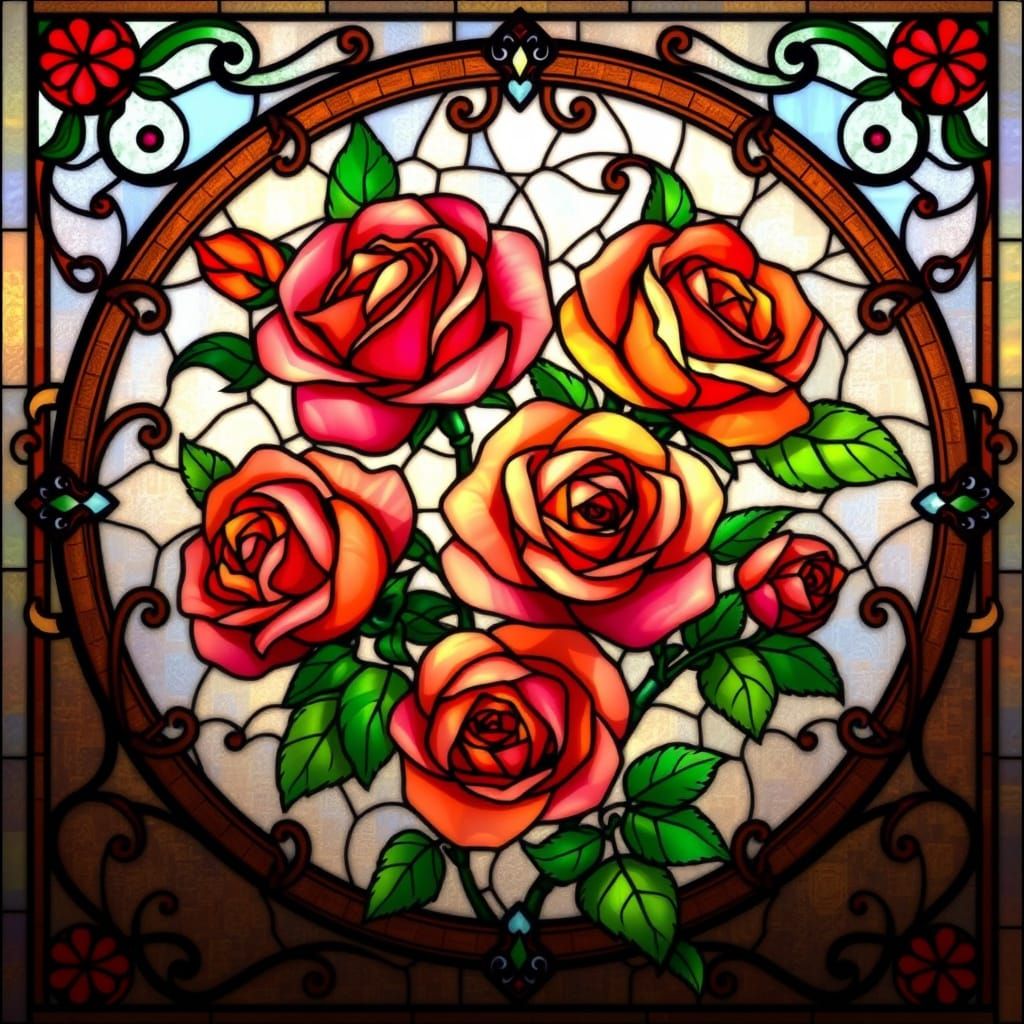 Stained Glass Roses in Art Nouveau Style