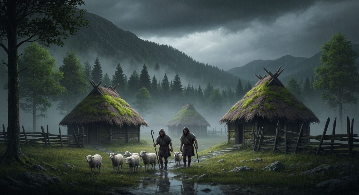 Neolithic Shepherds Guide Sheep Through Misty Valley