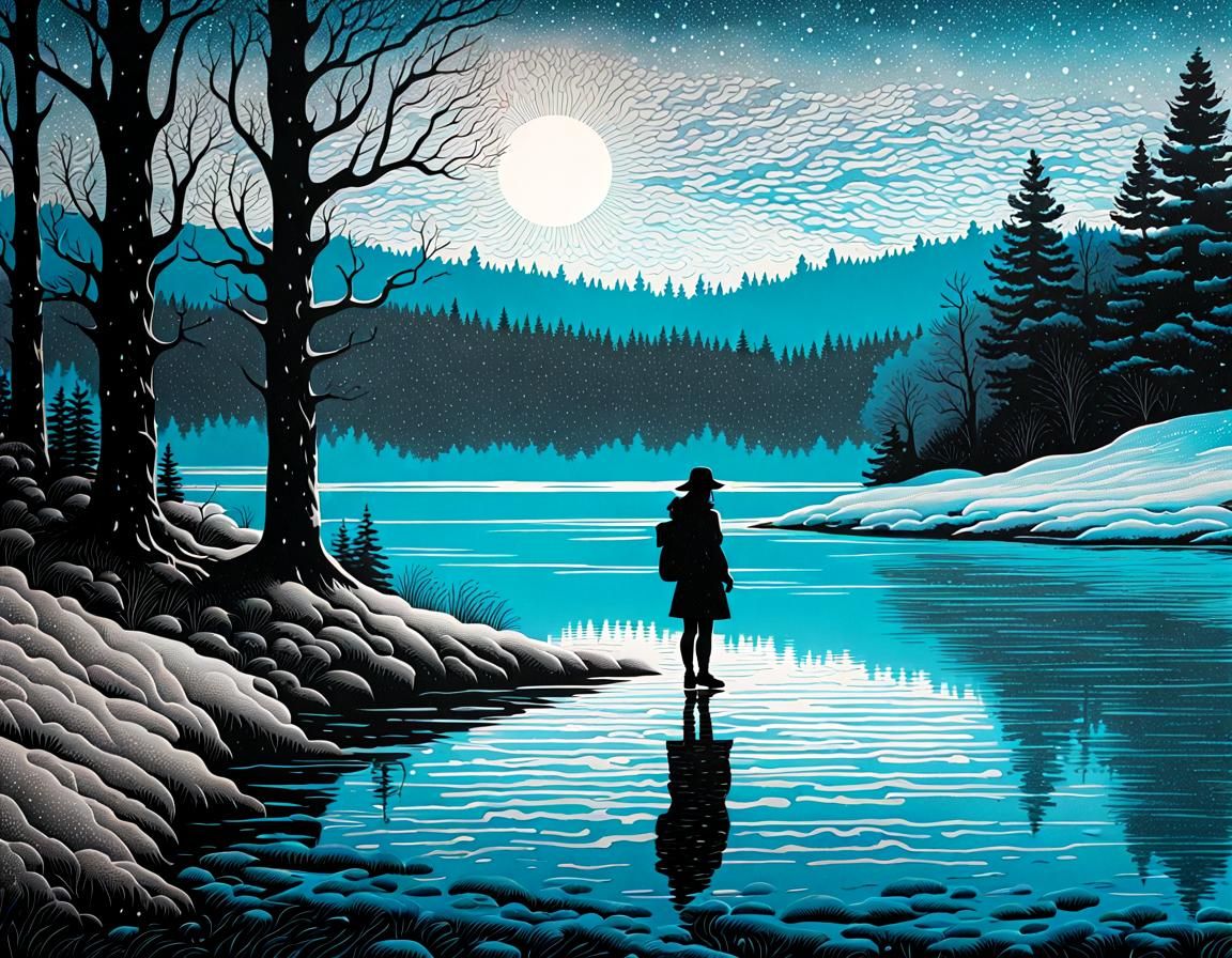 Monochromatic Ink Silhouette in Snowy Forest