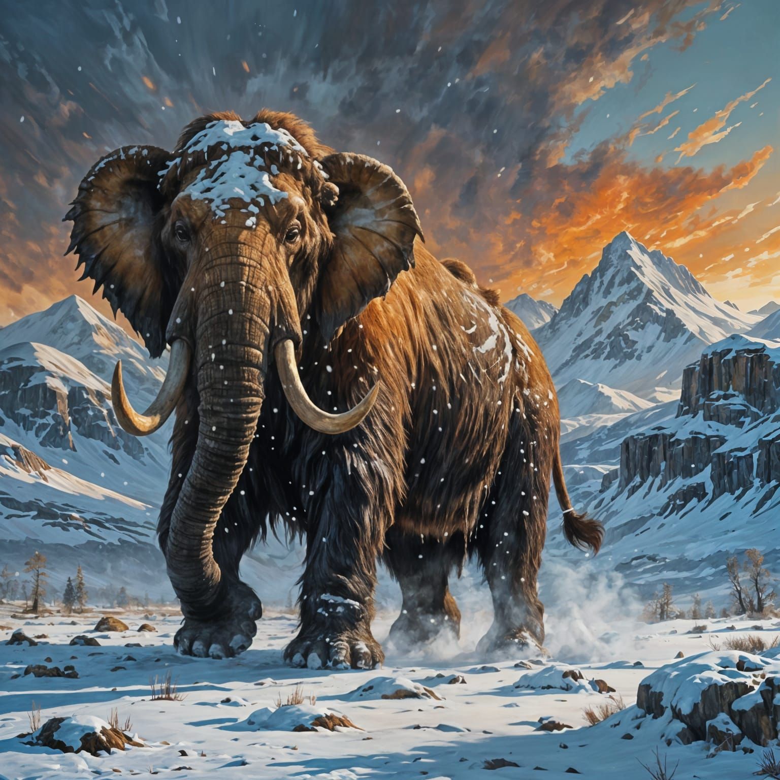 Giant Mammoth in Snowy Tundra: Oil Painting