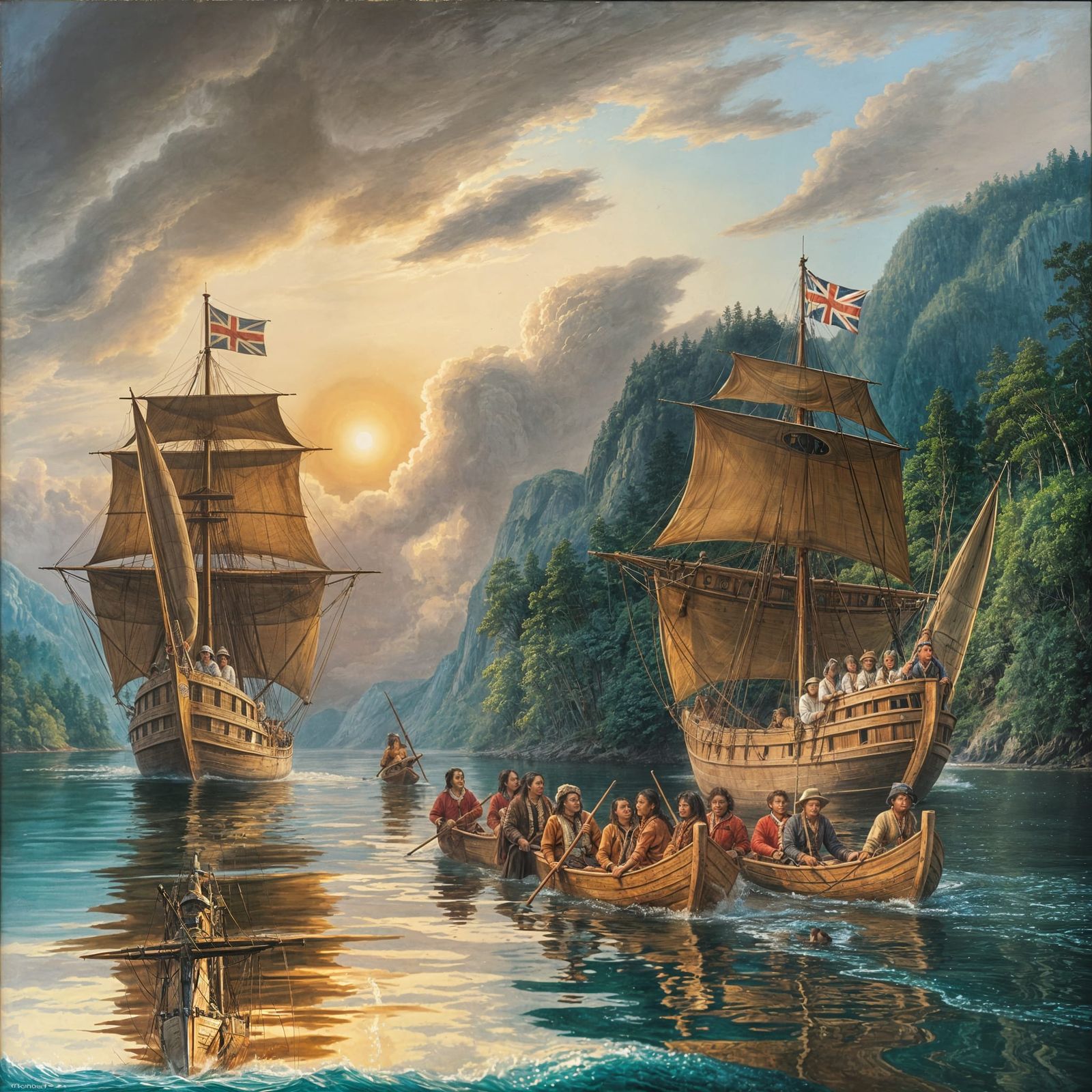 Captain Cook Arrival as Historical Oil Painting