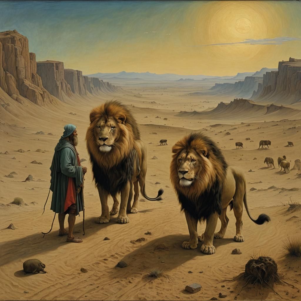 Lion and Holy Man in Desert Painting