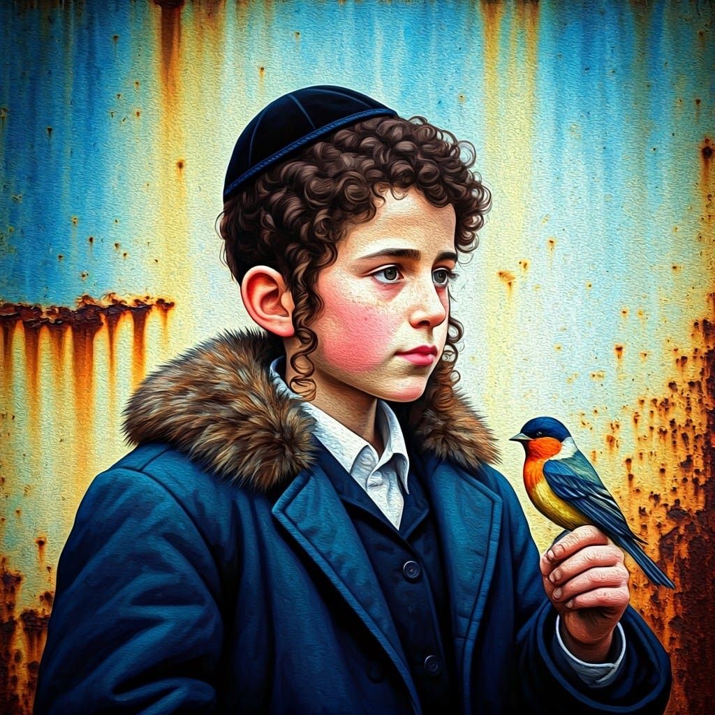 Ultra-Orthodox Boy with Curly Sideburns in a Moody Atmospher...