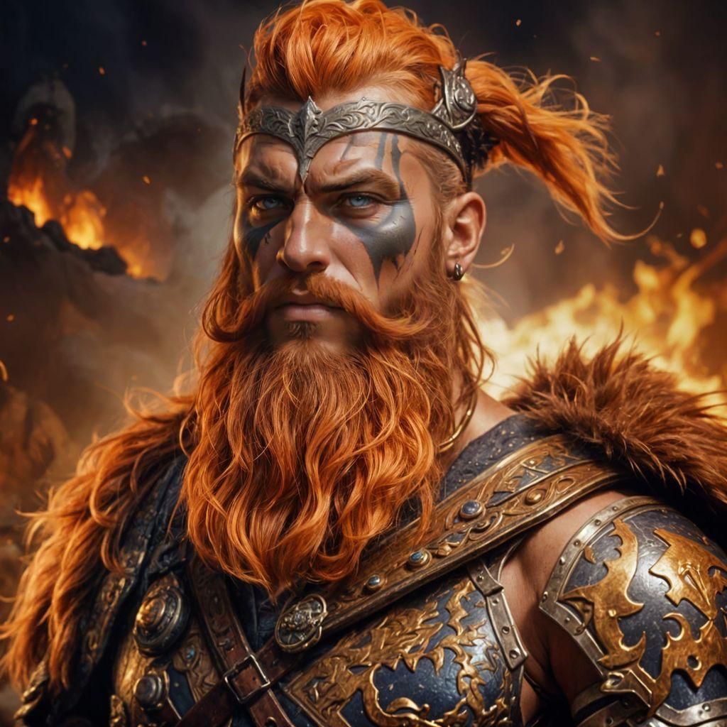 Epic Barbarian Warrior with Fiery Hair, Hyperrealistic Art