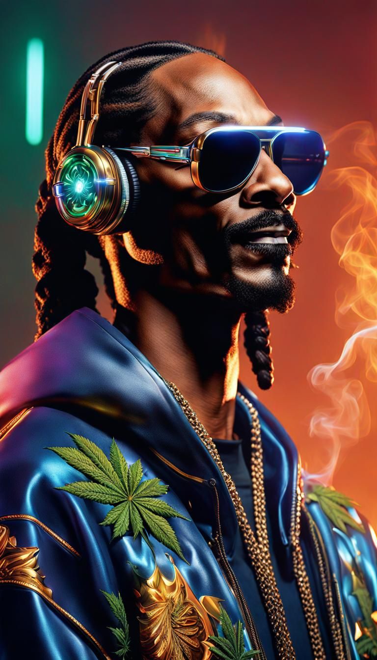 Snoop Dogg in a featureristic Communication Cyborg outfit