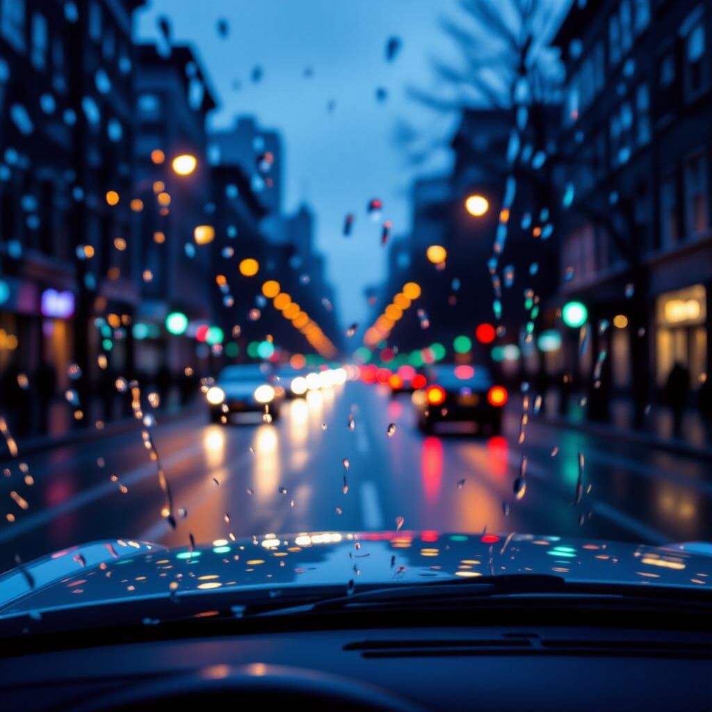 Rainy Car Window View of Cityscape at Dusk