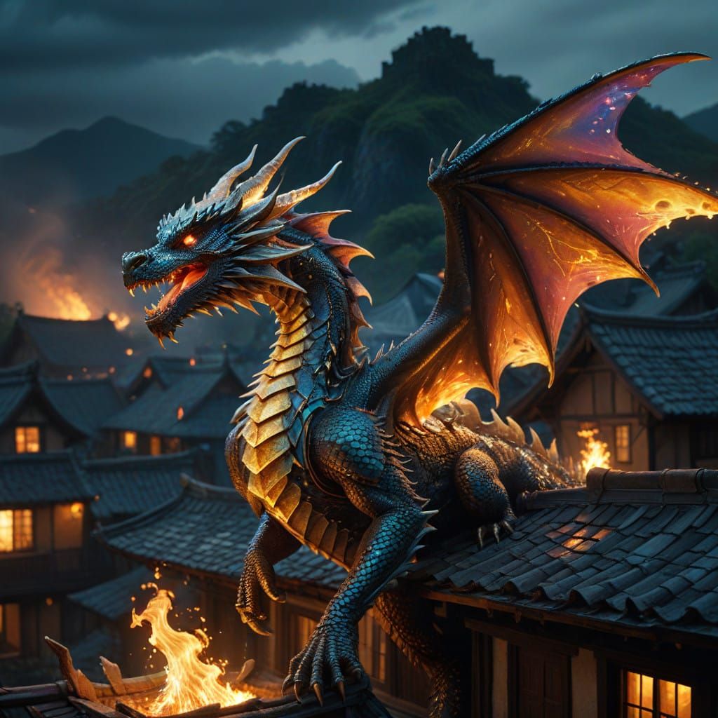 Dragon Soars at Twilight, Radiant Scales Reflecting Kaleidos...