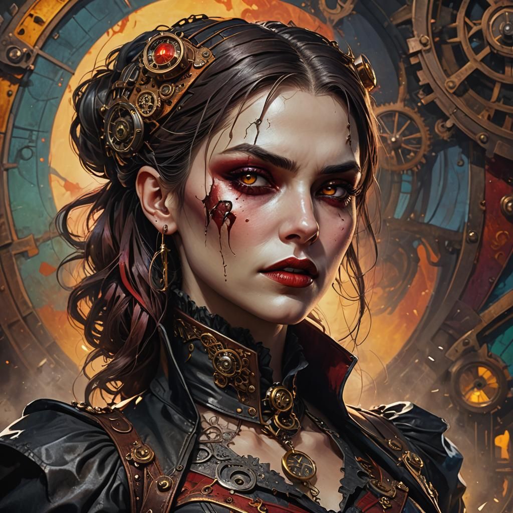 Steampunk Vampire Portrait in Hyperrealistic Splash Art
