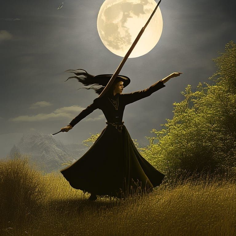 Witch Rides Broom in Gothic Twilight Fantasy