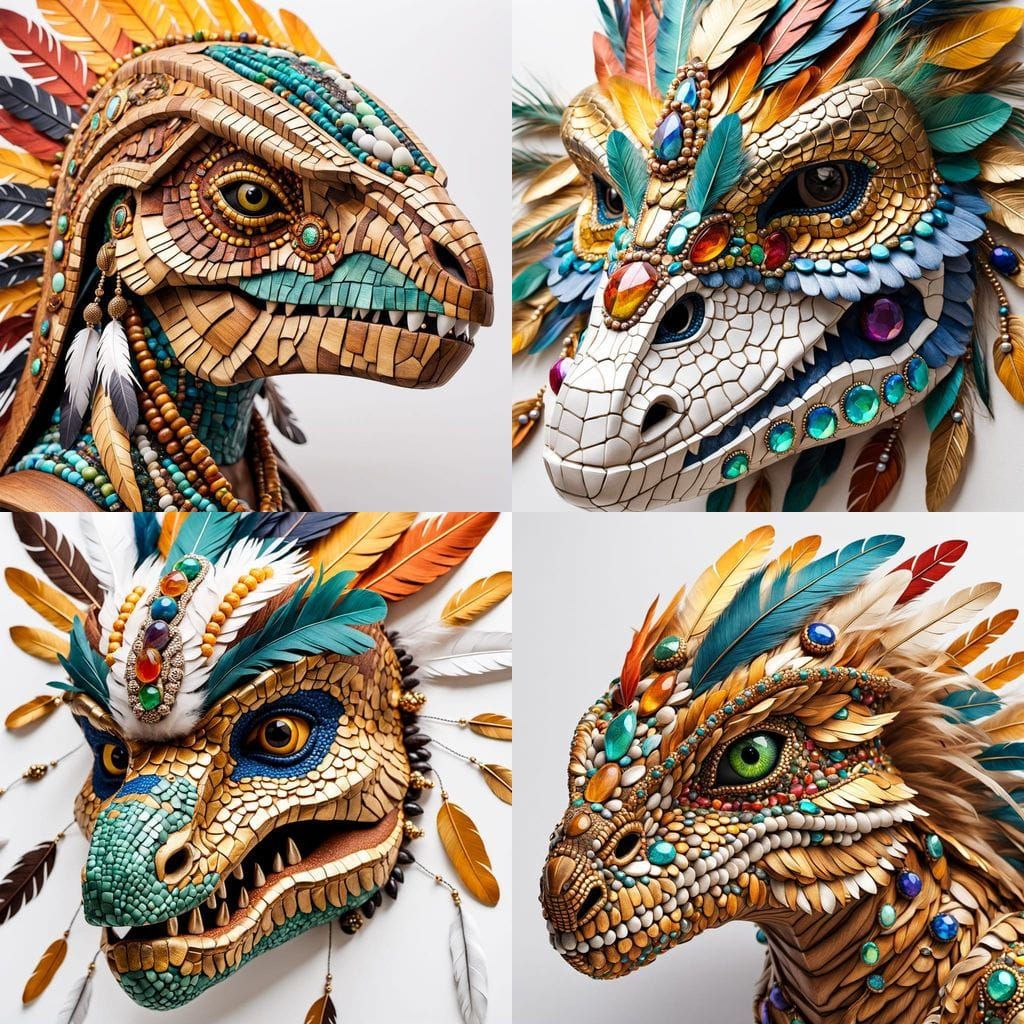 Elaborate Woodcraft Dinosaur Mask with Semiprecious Stones