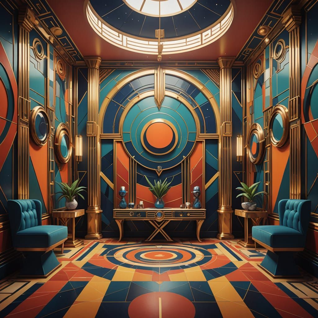 Cubist Chamber with Crescent Thrones in Explosive Color