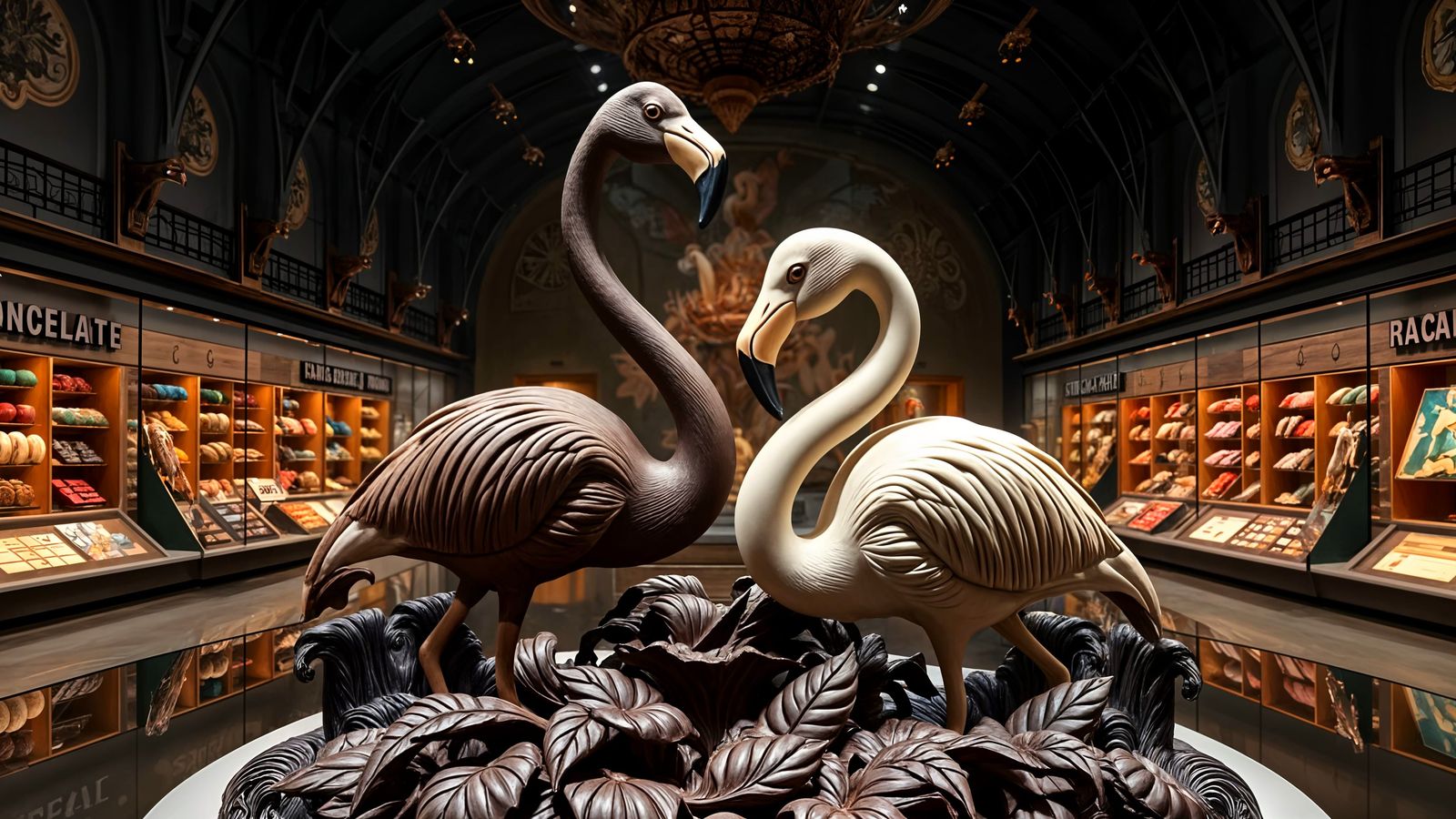 Stunning Chocolate Flamingos Sculpture in Museum