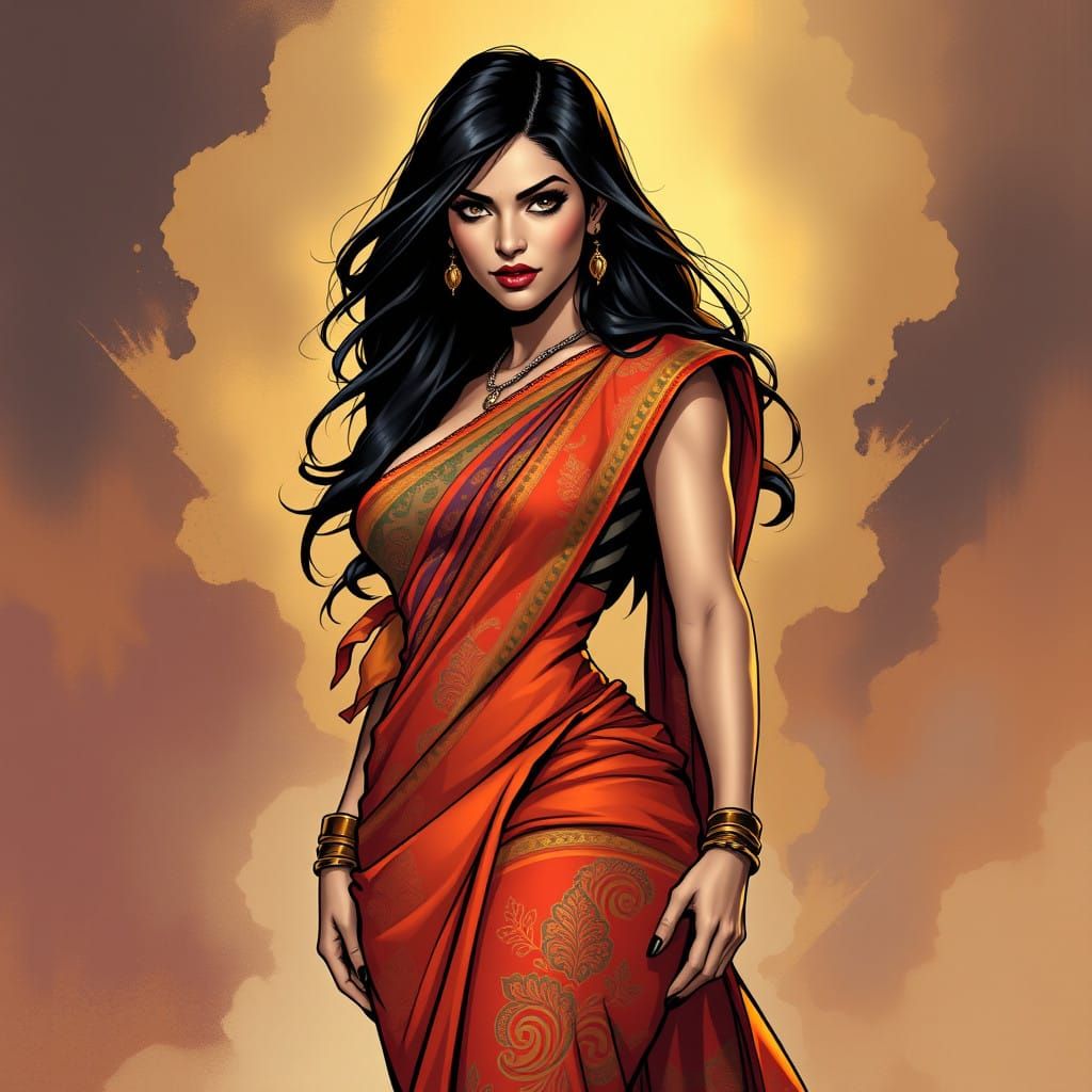 Vibrant Sari in DC Comics Art Style, Inspired by Iconic Char...