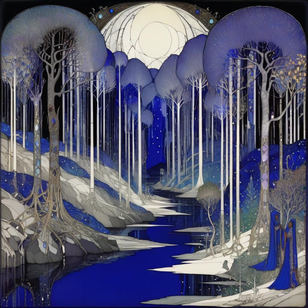 Sapphires Flow Through Crystal Forest in Whimsical Art